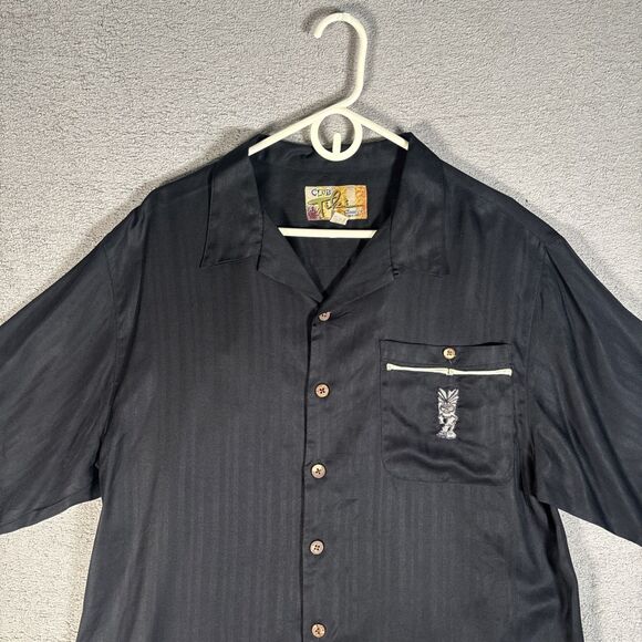 Club Tiki Button Down Shirt Men’s Size L Black Silk Hawaiian Pinup Embroidery - Picture 4 of 12